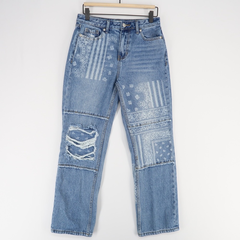 Cleo + Wolf Jeans Womens 26x30 Blue Paisley Print‎ High Rise Straight Distressed